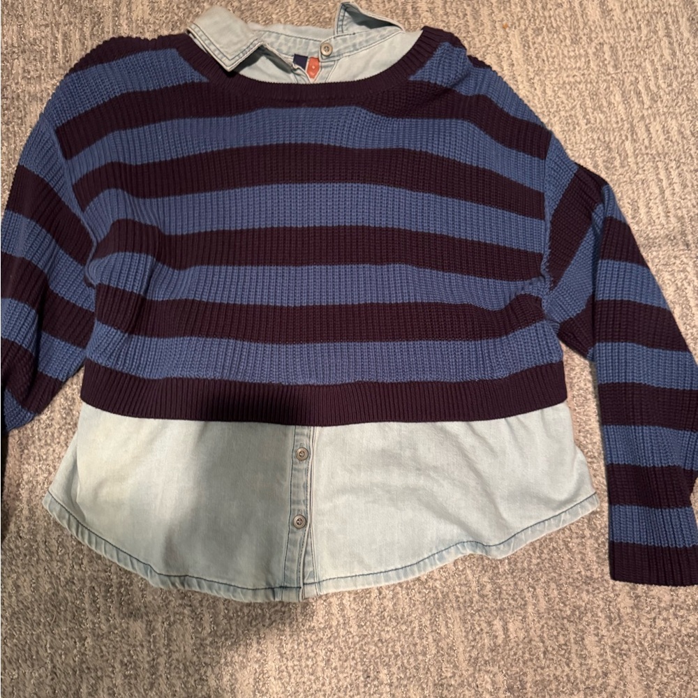 Striped Blue and Black Sweater with Denim Shirt